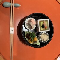 浅草 草津亭 - 先付　鴨の菜の花巻き、空豆の豆腐、牡蠣のクリーム和えなど