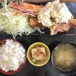 笑旨からあげ富や xx - 大海老フライと唐揚定食@1200（モモに変更で＋100）
