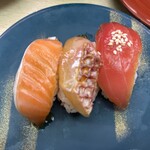 天下寿司 - 漬け３種。サーモン、鯛、マグロ。