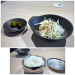 韓国料理 MUGEN - ◆サラダはキャベツだけですが、ドレッシングがいいお味。 ◆胡瓜キムチ2個 ◆ご飯は柔らかめ。 ◆スープはコンソメ風。お写真撮り忘れました。m(__)m