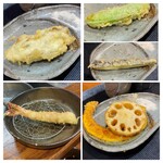 そば くら富 - 天麩羅セット　左上の広島牡蠣、衣薄くカリッと揚がり中はジューシー、絶品牡蠣天麩羅