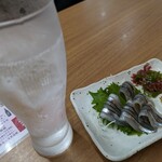 Kiritsu - 小鶴の炭酸割250円、きびなごの刺身300円