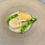 prospero - 白甘鯛の鱗焼き ホタテのソテー 新玉ねぎのスープ