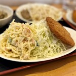 はじめ食堂 - メインのハムカツ、スパサラ、キャベツ千切り