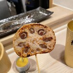 くわ焼 たこ坊 - 蓮根の肉詰め。辛子いっぱい付ける