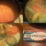 ジャジューカ - 左上：クスクスのスープの中身。右上：スープの具をすくうと野菜がたくさん。左下：拡大図。右下：ハリッサという唐辛子。辛さ調節用