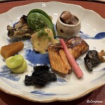 御料理 寺沢 - 牡蠣のおかき揚げ､屈み､海鼠の茶ぶり､鮟鱇の肝のてっぱい､自家製の唐墨､蚕豆､香茸､桜鱒の塩糀焼､薑､鮑の肝焼