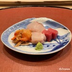 御料理 寺沢 - 赤貝､曹以､天然本鮪の赤身､こぶ鯛の昆布締め
