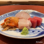 御料理 寺沢 - 赤貝､曹以､天然本鮪の赤身､こぶ鯛の昆布締め
