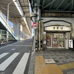 Tachigui Sobadokoro Kisoba - 左が都電の王子駅、隣はＪＲ王子駅への歩道橋。