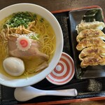 麺家 九十九 - 鶏そば塩半熟味玉トッピング＋肉餃子