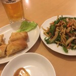食福 - 飲み物セット　生、春巻、青椒肉絲