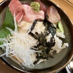 再来 - まぐろ三種造り定食＋ご飯大盛り＋とろろ
1300円＋50円＋100円