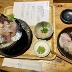 シハチ鮮魚店  - 取り皿が付いてくるので、食べやすいように分けて、お醤油にワサビを溶いていただきます。
