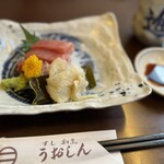 魚進 - お造り。マグロとヒラメの昆布締め。昆布締め美味しかったー。