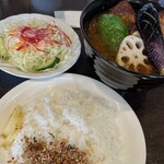 Kissaya Kashisa - 日替わりメニューのハンバーグと野菜のかき揚げのスープカレー（具盛り盛り）