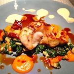 エクアトゥール - 【13年12月】鮟鱇の直火焼きとフォアグラロティ、シャンピニョンとほうれん草、赤ピーマンのクーリ