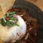 FukuLan - 鹿カレー、三つ葉と紫玉ねぎスライスが載せられた短粒米