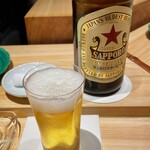 鮨処 池上 - 瓶ビール：サッポロ赤星