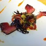 ヨコワのマリネ、生ハムハモンセラーノ、インカの目覚め、トマトのサラダ