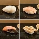 鮨鷹 - ヤリイカ、南蛮えび（一日寝かせ）、 サクラマス（塩とすだち）、苫小牧産ホッキ貝