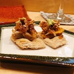 鮨鷹 - あん肝＠余市産 （自家製お稲荷の皮と奈良漬）