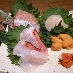 俺の魚を食ってみろ!! - (2014/1/28)お刺身の？種盛り　平目、炙り金目、鰤、炙り鰹、生雲丹、帆立