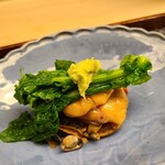 緒方 - ②赤貝(山口県宇部産)、菜の花のお浸し載せ
      瀬戸内海産の貝類は日本海や大平洋側に比べると味わいが穏やかで独特な香りも落ち着いていますが、大型になると香りは穏やかですが旨みはしっかりとしてきます