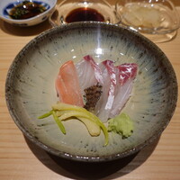 鮨処 池上 - 路島仮屋漁港の真鯛、三浦大根土佐酢漬け、あさつき新芽の芥子酢味噌