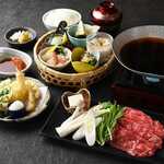 Colorful flower basket and tempura Omi beef Sukiyaki set meal