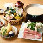 Colorful flower basket and tempura Hiyoshi pork soy milk hotpot meal