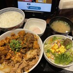 Yoshinoya - 新スタミナ超特盛半玉丼（追い飯付き）サラダ味噌汁セット 1191円