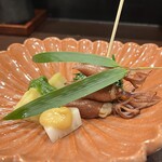 酒亭 田中 - お通し3品(蛍烏賊スチーム・山芋酢味噌・クレソン胡麻和え・筍木の芽味噌)