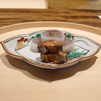 温石 - 鯵の砧巻き(葱､胡麻､大根で巻いて)､大浦牛蒡の唐揚げ