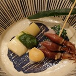 酒亭 田中 - 筍木の芽味噌、蛍烏賊スチーム、クレソン胡麻和え