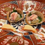 千陽 - 毛蟹の甲羅盛と早掘り筍と桜鱒(のにぎり