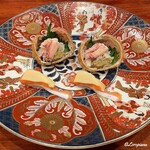 千陽 - 毛蟹の甲羅盛と早掘り筍と桜鱒(のにぎり