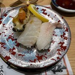 Sushitatsu - 広島名物三貫盛り(焼き牡蠣、鯛塩レモン、生穴子)
