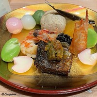 お料理 七草 - 三色団子に鰯のスモークサーディン､クリームチーズと鮪の団子に車海老とキャビア､鰊焼の特製味噌に蚕豆に百合根