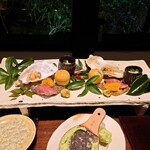 Ufufu - 夕食：前菜（菜の花柚子香浸し、和牛寿司、牡蠣土佐酢和え、芽キャベツ 海老味噌、白子揚げだし、海老芋黄身まぶし）