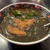 Matsunoki Hanten - 黒胡麻とんかつ入り担々麺・大辛（¥1,000税込）
                豚カツとワカメが真っ黒なスープに浮かぶ異様なビジュアルが、食べる者を掻き立てる。