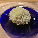 HanaKomachi - 天草産芝海老のタルト、塩漬け泥障烏賊の肝、卵黄　パセリ
