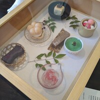 茶房 空花 - デザートはこの中から選びます。ガトショコ、アイス最中（アイスは2種あった）、酒粕チーズケーキ、いちご白玉、抹茶プリン、くるみ餅、木苺？と白ワインジュレ