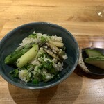 花小町 - のはら農研ひのひかり、菜花、アスパラガス、とこぶしの土鍋ごはん