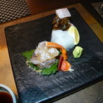 銀座 座屋 - ３．お造り～平目塩昆布和え・アオリイカ・伊勢海老の炙り　2014.1.31