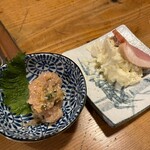Sumibiyaki Tori Yamamotoya - 2403_炭火焼鳥 やまもと屋 中崎町店_旬彩-しゅんさい-名物の朝引き炭火焼鳥と旬の食材を使ったコース＠4,500円_鴨もも肉、鶏なめろう、ポテトサラダ