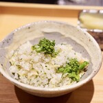 日本料理 晴山 - たらこの味噌漬けと筍と菜の花ご飯
