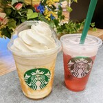 スターバックスコーヒー - キャラメリーミルクコーヒーフラペチーノとピンクフルーツチアアップ