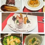 オー プティ ブション - 松坂牛とうにごはん、ほたてと筍、かき菜の炊き込みご飯(鯛出汁、お漬物付(写真なし))、誕生日デザートプレート