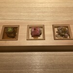 京都肉割烹 みや田 - お肉の前菜・牛タン味噌煮込み、ローストビーフ巻きフォアグラ、肉のおろしポン酢